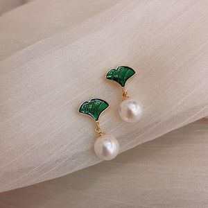 BRAND NEW 18K Gold Plated Green Leaf Pearl Drop Dangle Earring 1Pair